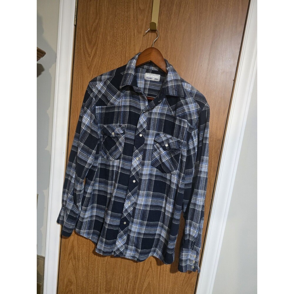 Vintage Wrangler Wrancher Blue Plaid Western Pearl Snap Shirt Men's size Large